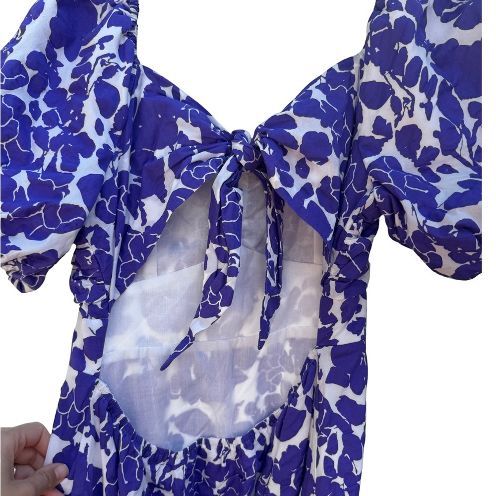 Free the Roses Purple Floral Puff Sleeve Open Back Tie Midi Dress - Size L - Picture 5 of 7